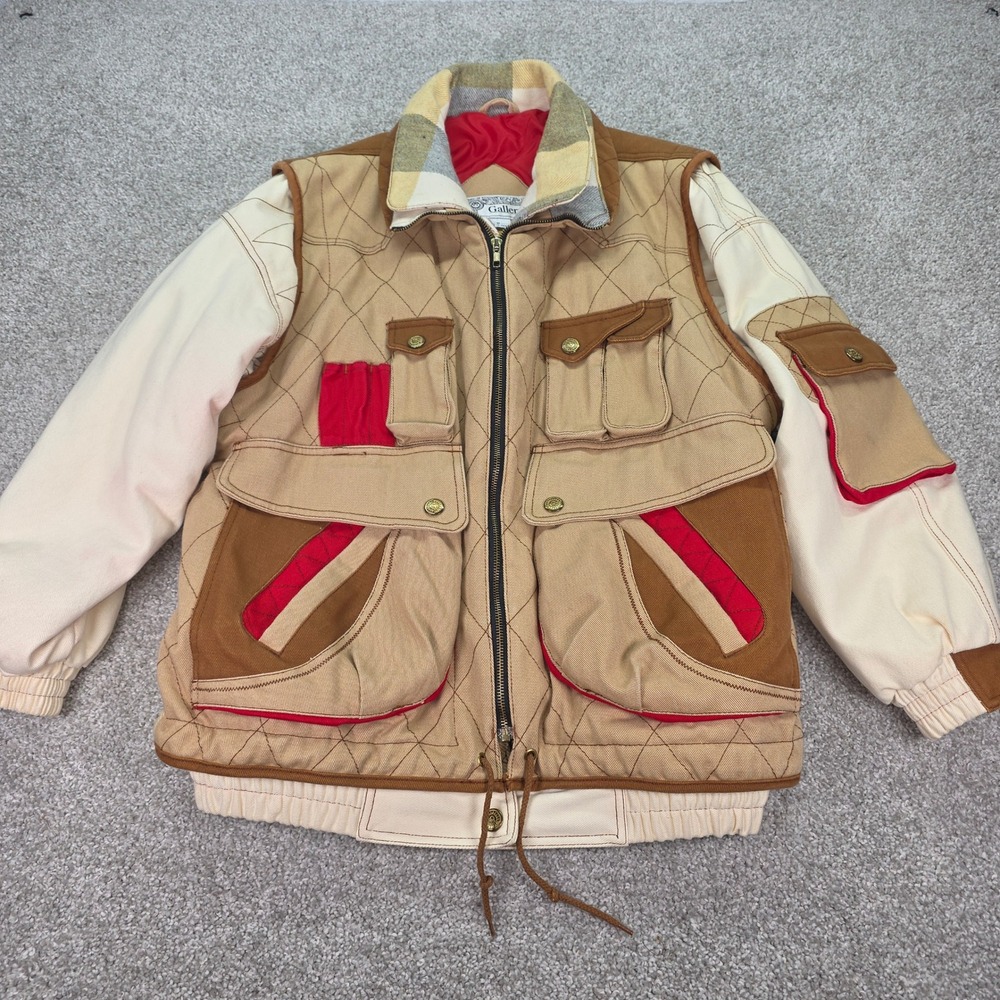 Gallery Vintage Mixed Hunting Utility Bomber Jacket Tan Plaid Pockets Women M